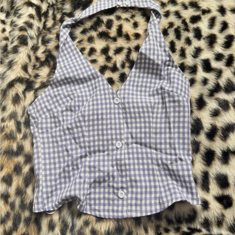 Edikted Blue and White Checkered Halter Blouse